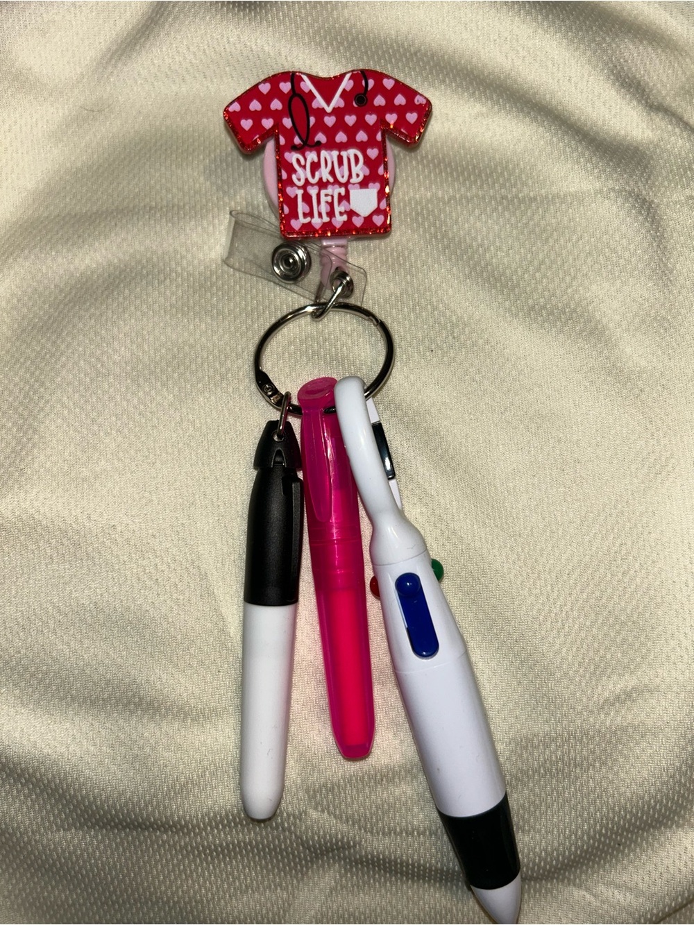 Hand Crafted Red "Scrub Life" Nurse Badge Reel with Black, Pink & White Pens